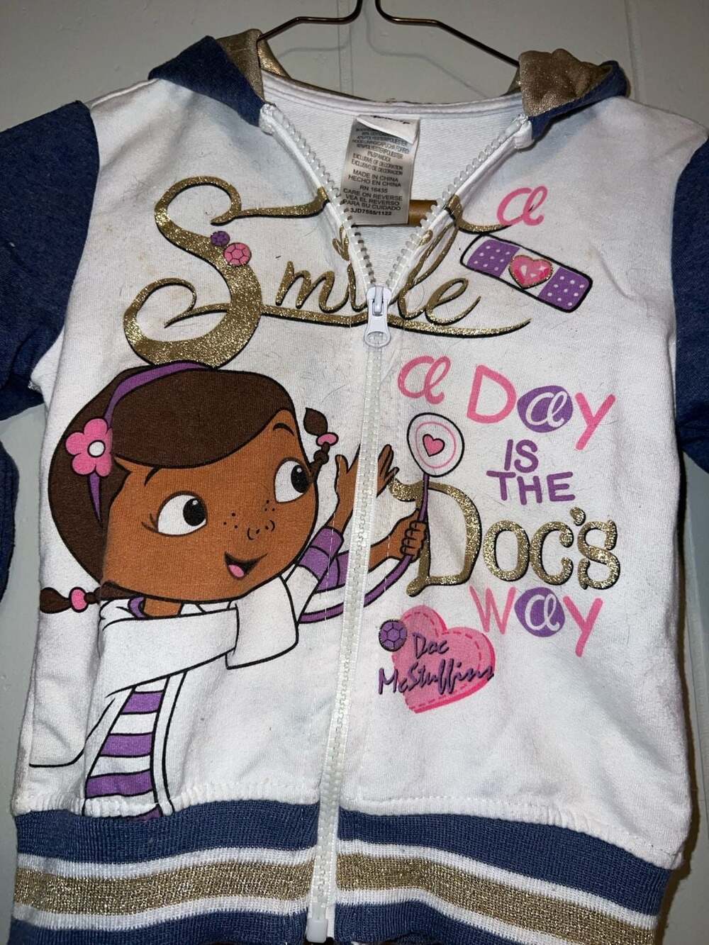 Disney Doc McStuffins Zip-Up Hoodie Size 5T White Blue Gold